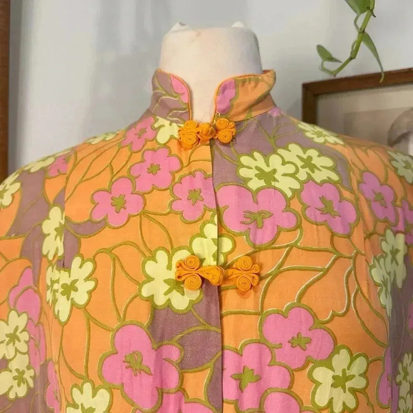 Vintage 1970s Mandarin Floral Tunic Dress Bold Orange Retro Print hippy flower - Picture 1 of 7